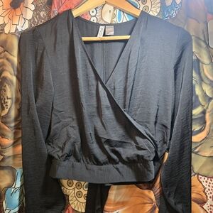 Divided Black Long Sleeve Wrap Blouse